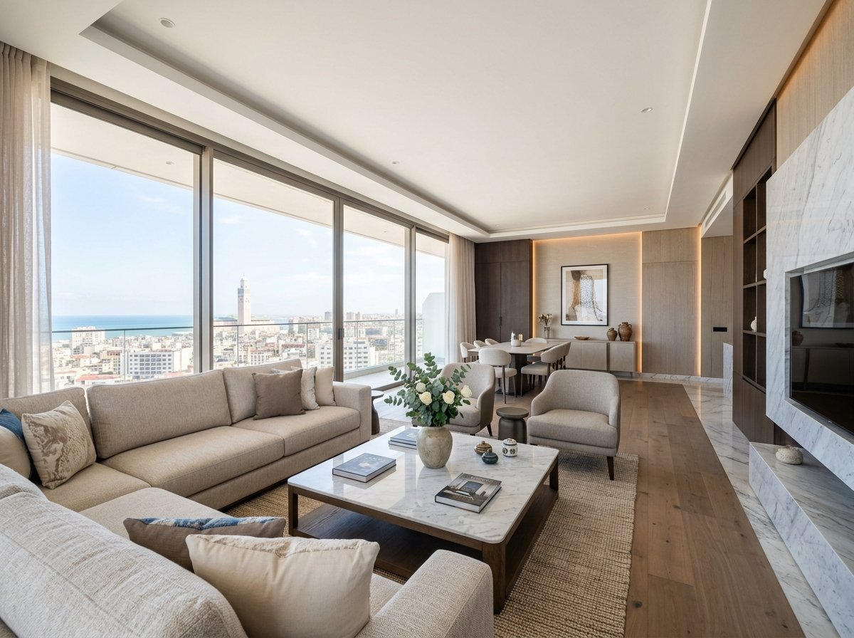 Intérieur moderne et lumineux d'un appartement de standing à Casablanca Maârif avec grandes baies vitrées