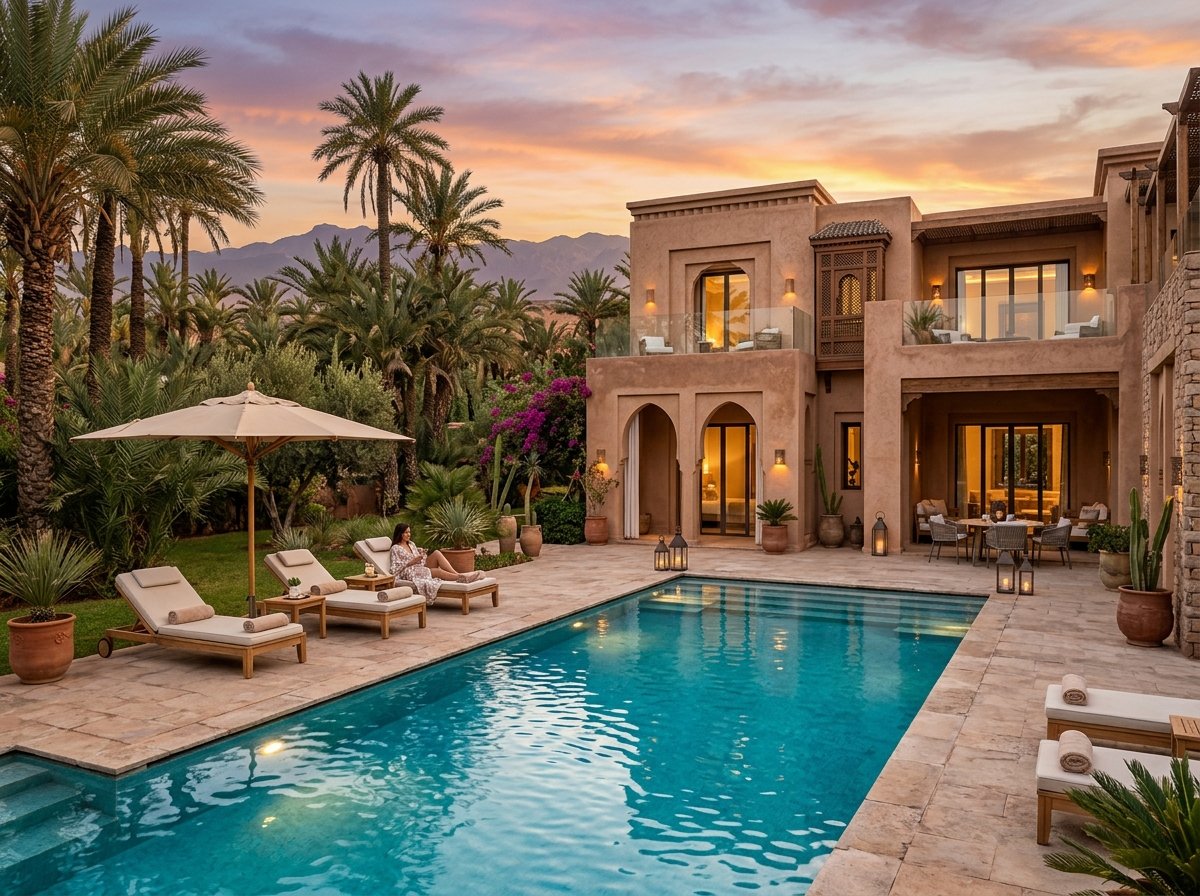 Villa contemporaine d'exception à Marrakech avec piscine privée et jardin paysager au coucher de soleil