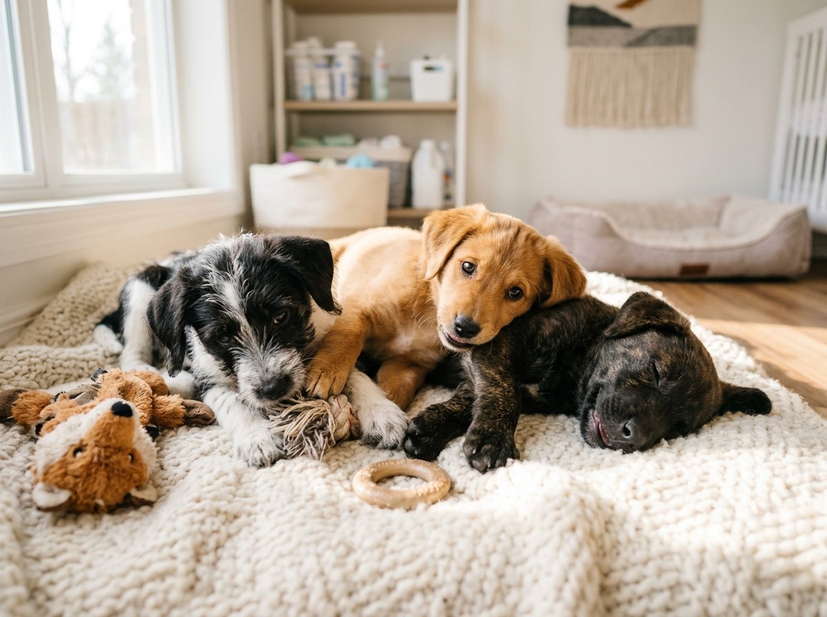 Three adorable rescued puppies cuddling peacefully on a soft blanket