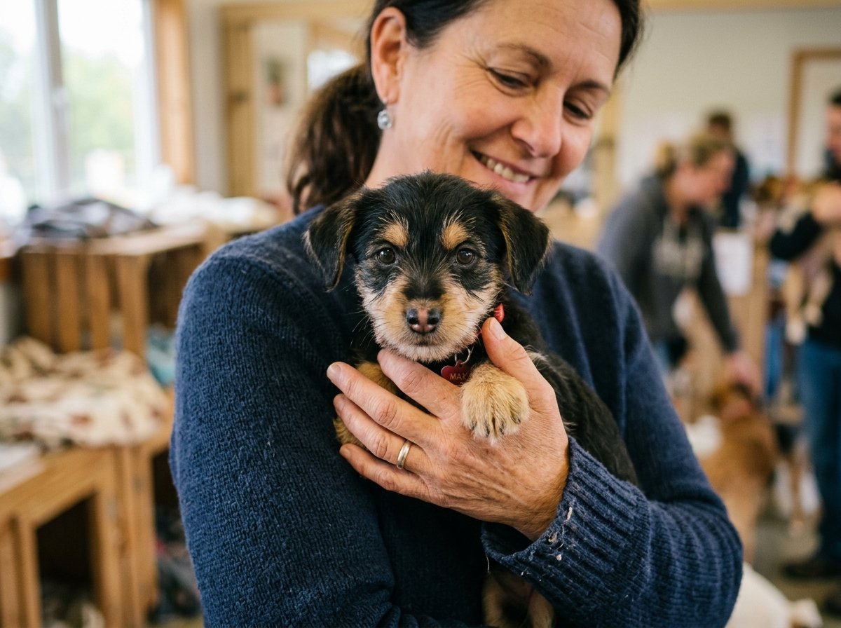 Sweet rescued puppy held gently by a loving caregiver